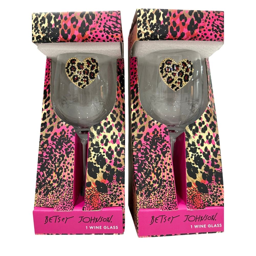 NWT Betsey Johnson Leopard Print Wine Glass Set of 2 - Pink & Black Animal Print - Picture 12 of 12